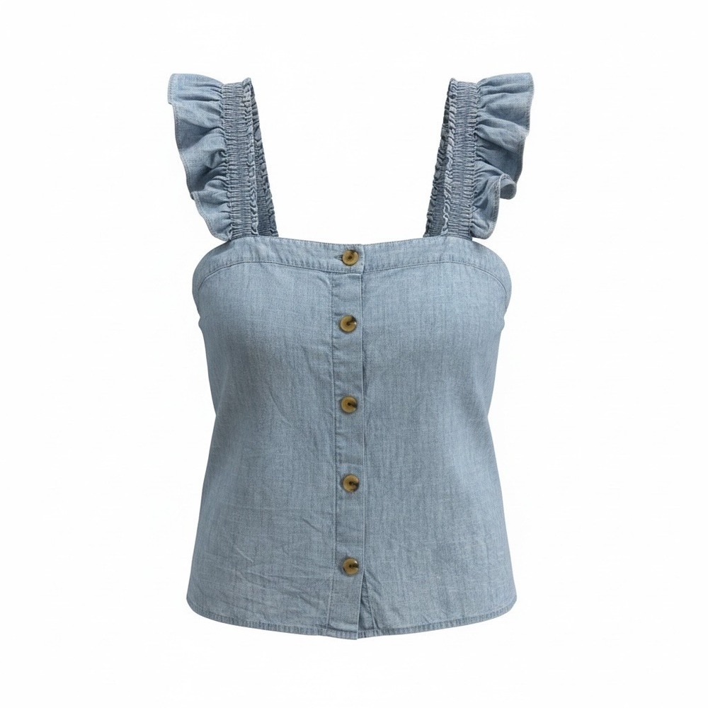 J. Crew Shirt Womens Sz‎ XL Chambray Ruffle Strap Button Front Tank Top Blue